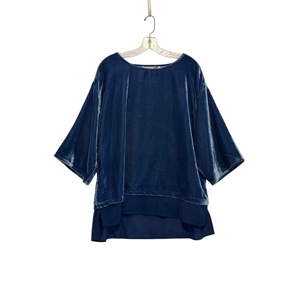 Soft Surroundings 3/4 Sleeve Boat Neck Velvet Pullover Tunic Blue Womens 1X